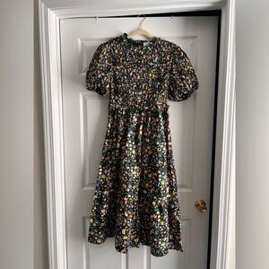 Tuckernuck Hyacinth House Black Multicolor Floral Smocked Midi Dress Size M
